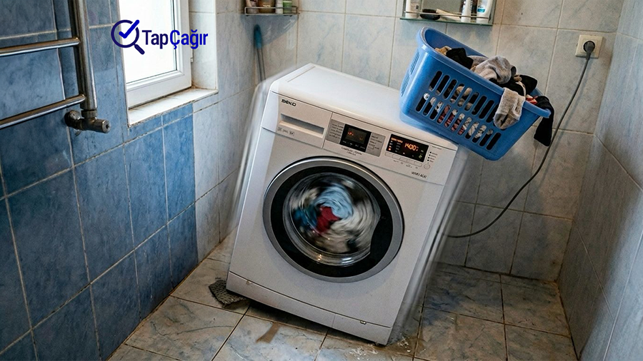 Dəhşətli dərəcədə titrəyən və tullanan nasaz paltaryuyan maşın. Səbət vibrasiyadan aşır. Vanna otağında TapÇağır loqosu ilə nasaz paltaryuyan təsviri.